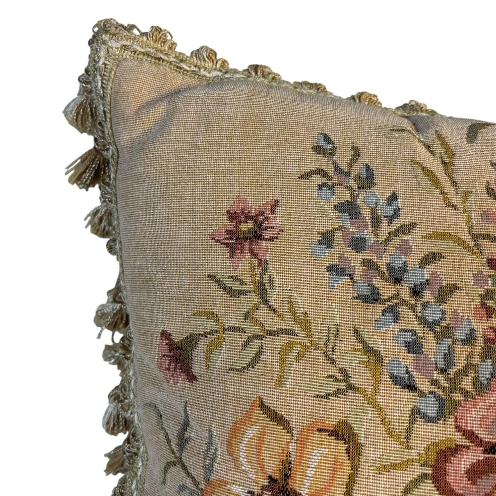 Pottery Barn Floral Tapestry Throw Pillow Bullion Fringe Feather Down 17